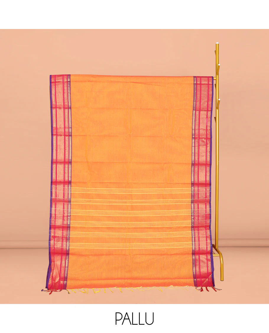 Orange Plain Chettinad Cotton Saree, Complemented by a Contrast Traditional Zari Design Woven Border, Pallu of Stripes, and Paired with a Matching Blouse - Image 2