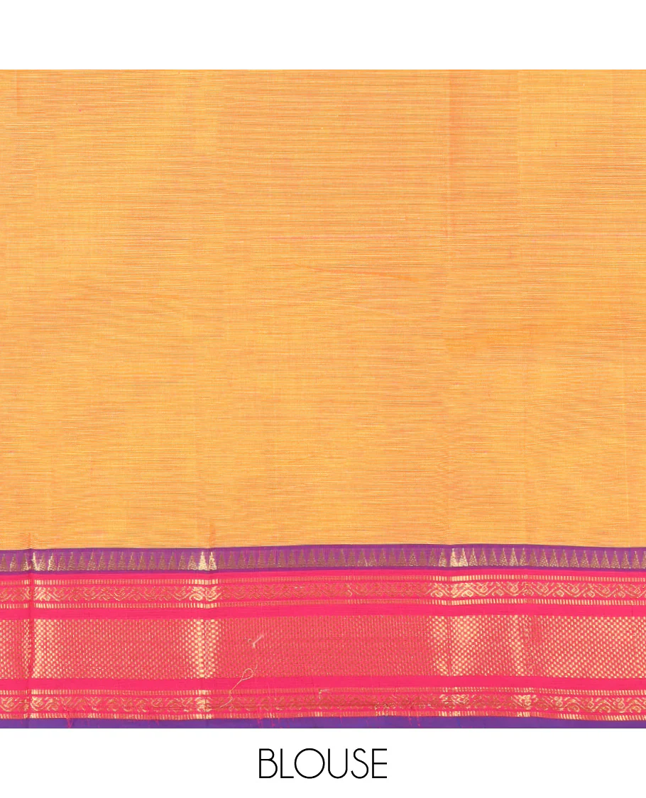 Orange Plain Chettinad Cotton Saree, Complemented by a Contrast Traditional Zari Design Woven Border, Pallu of Stripes, and Paired with a Matching Blouse - Image 3