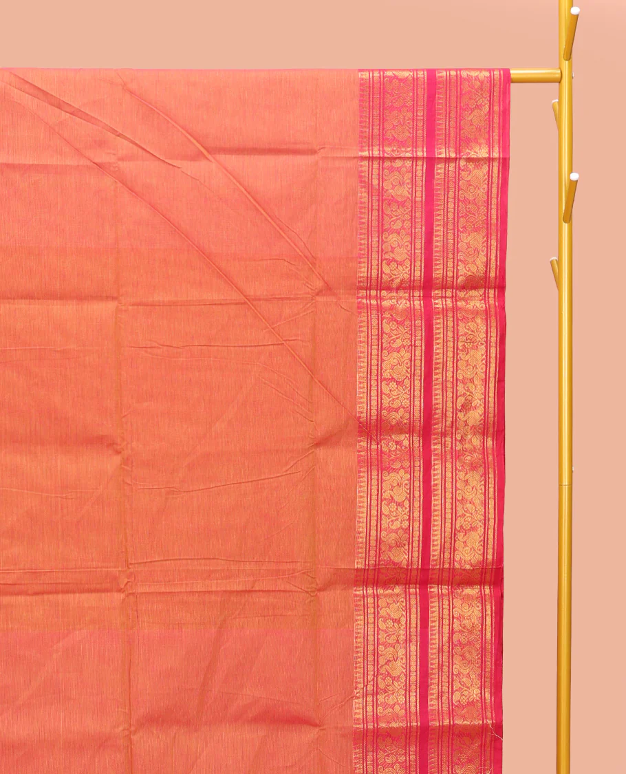 Orange Plain Chettinad Cotton Saree, Complemented by a Contrast Traditional Zari Design Woven Temple Border of Peacocks, Pallu of Stripes, and Paired with a Matching Blouse - Image 2