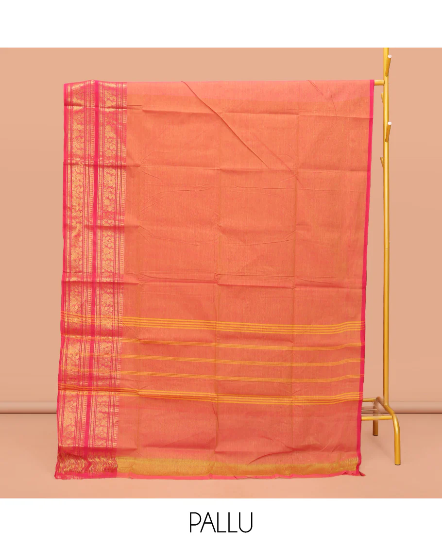 Orange Plain Chettinad Cotton Saree, Complemented by a Contrast Traditional Zari Design Woven Temple Border of Peacocks, Pallu of Stripes, and Paired with a Matching Blouse - Image 3
