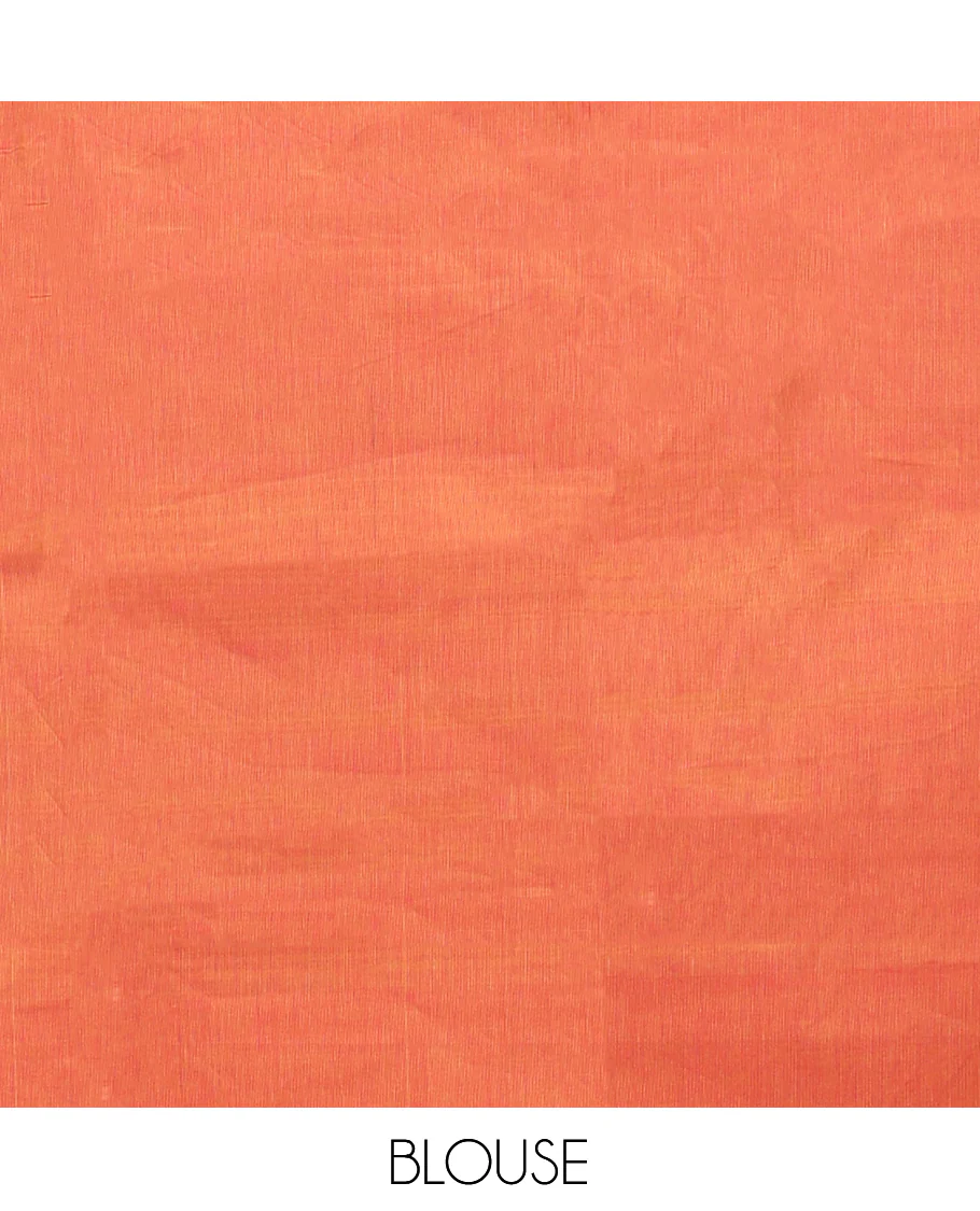 Orange Plain Chettinad Cotton Saree, Complemented by a Contrast Traditional Zari Design Woven Temple Border of Peacocks, Pallu of Stripes, and Paired with a Matching Blouse - Image 4
