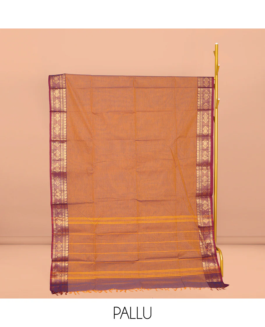 Orange Plain Chettinad Cotton Saree, Complemented by Contrast Traditional Zari Design Border, Striped Pallu, and Paired with Matching Blouse - Image 2
