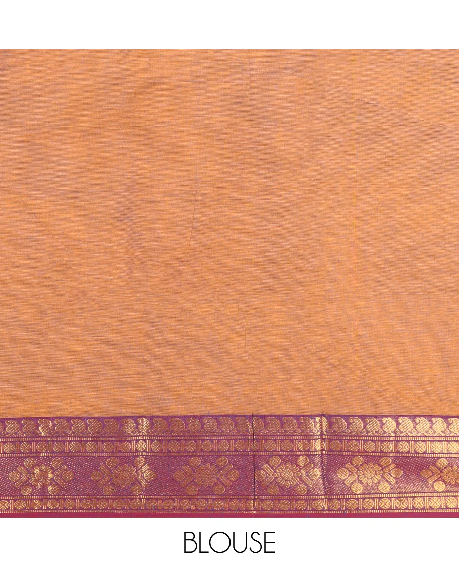 Orange Plain Chettinad Cotton Saree, Complemented by Contrast Traditional Zari Design Border, Striped Pallu, and Paired with Matching Blouse - Image 3