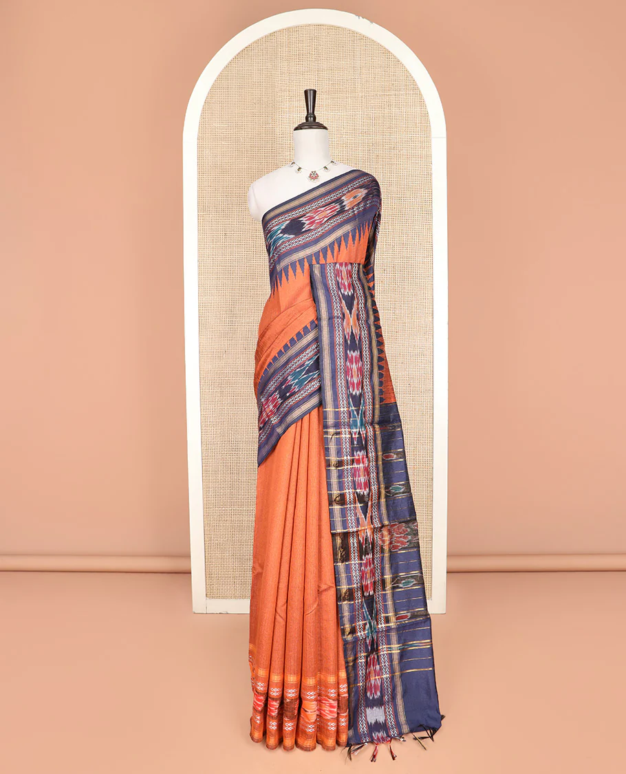Orange Plain Dupion Silk Saree, Adorned with a Contrast Temple Border of Geometric Patterns and Ikkat Weave, Pallu Depicting Floral Ikkat Designs, and Paired with a Contrast Blouse - Image 3