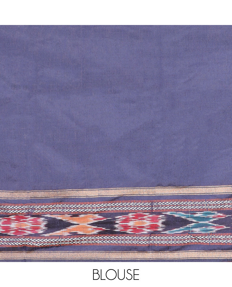 Orange Plain Dupion Silk Saree, Adorned with a Contrast Temple Border of Geometric Patterns and Ikkat Weave, Pallu Depicting Floral Ikkat Designs, and Paired with a Contrast Blouse - Image 4