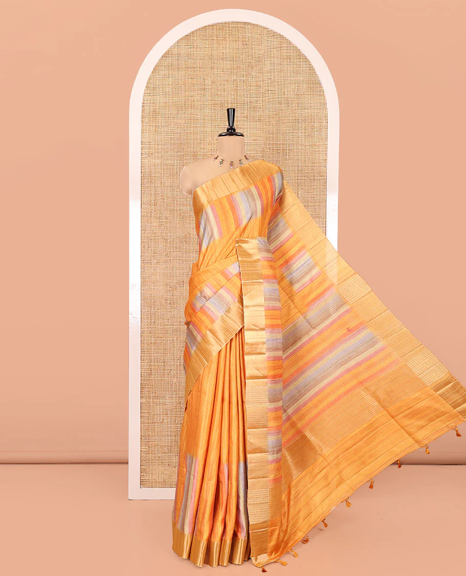 Orange Plain Fancy Tussar Saree, Highlighted by a Zari Bavanji Handbrush Painting-Style Striped Border, Striped Pallu, and Paired with a Matching Blouse