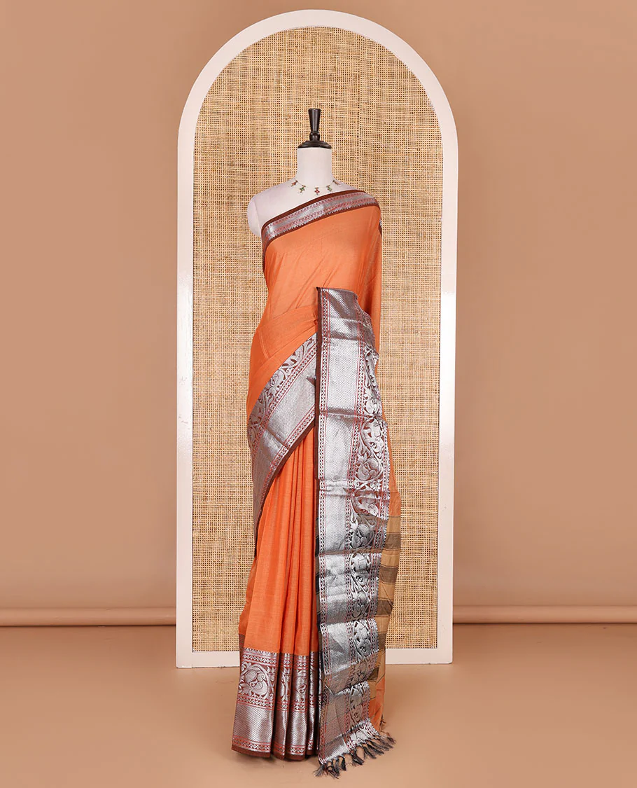 Orange plain mercerised cotton saree, contrast traditional zari border of elephant and peacock designs, striped pallu, and plain blouse - Image 2