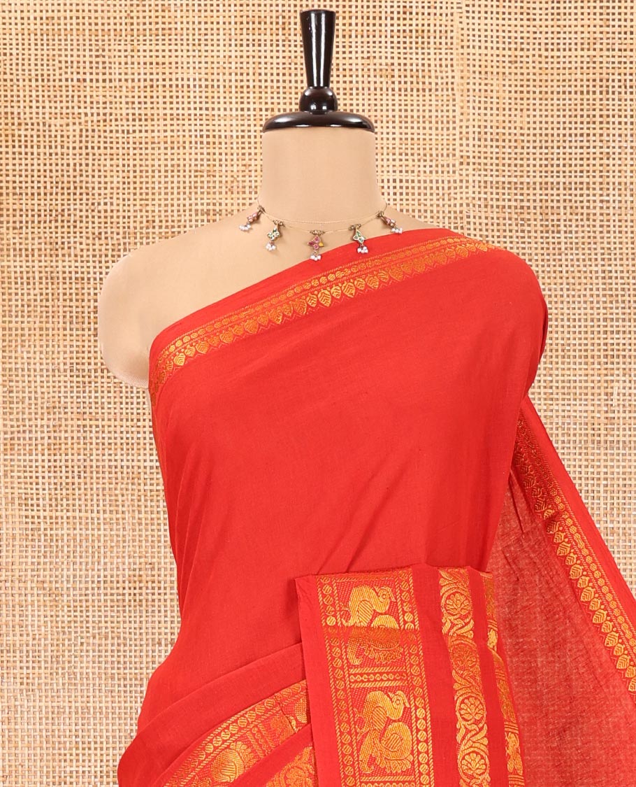 Orange Plain Sungudi Cotton Saree, Highlighted by Traditional Zari Border of Peacock and Floral Creeper Designs, Subtly Striped Pallu, and Paired with a Contrast Blouse - Image 2