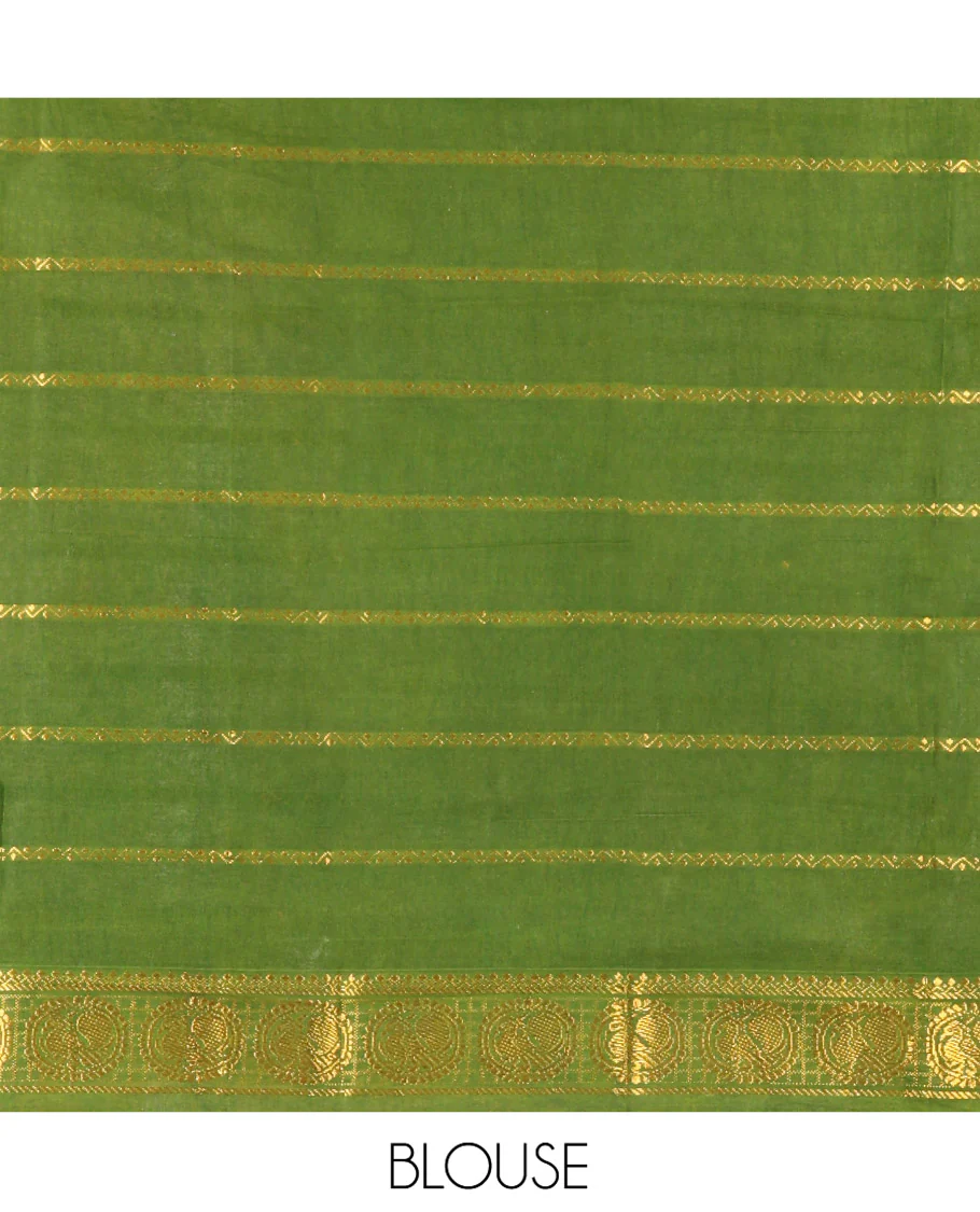 Orange Plain Sungudi Cotton Saree, Highlighted by Traditional Zari Border of Peacock and Floral Creeper Designs, Subtly Striped Pallu, and Paired with a Contrast Blouse - Image 3