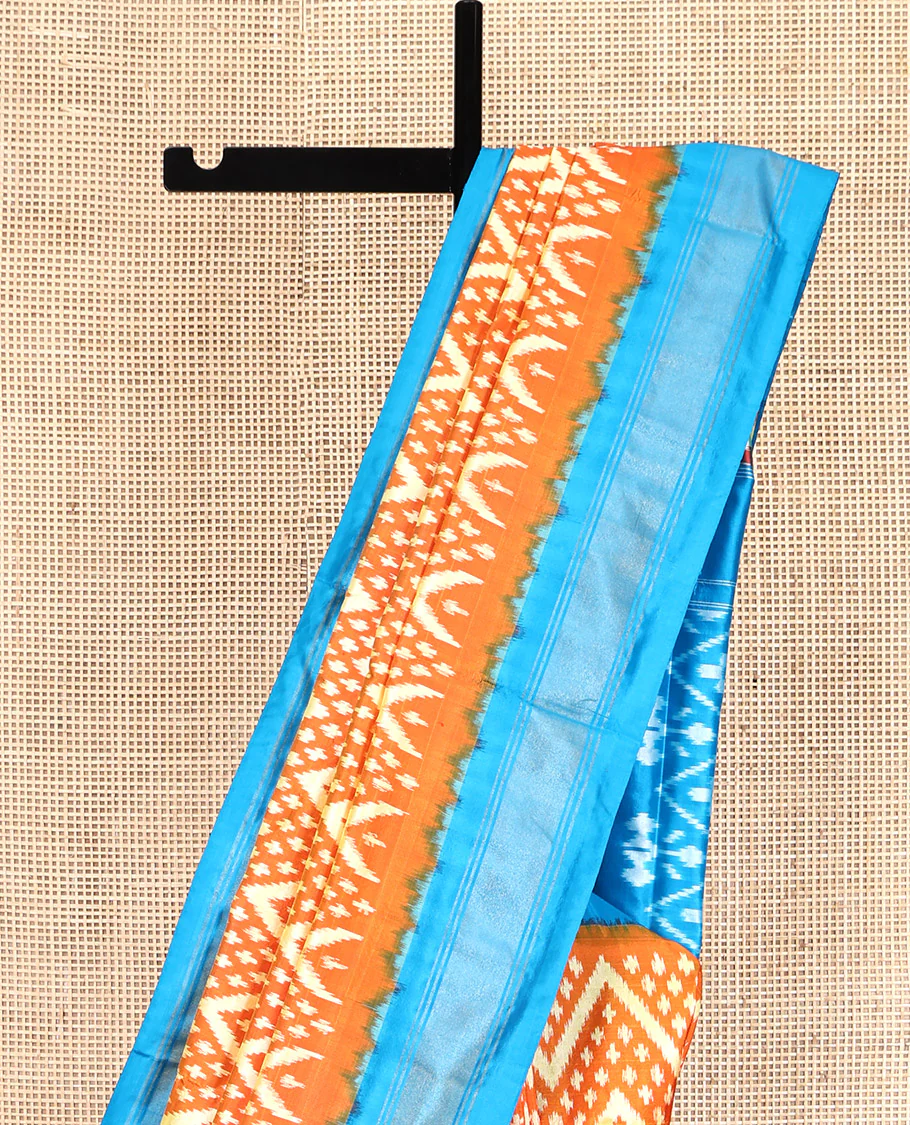 Orange Pochampally Ikat Silk Saree, Ornamented with Buttas and Chevron Design on Its Body, Complemented by a Contrast Border, Pallu of Jaal Designs in Ikkat Weave, and Paired with a Contrast Blouse - Image 3