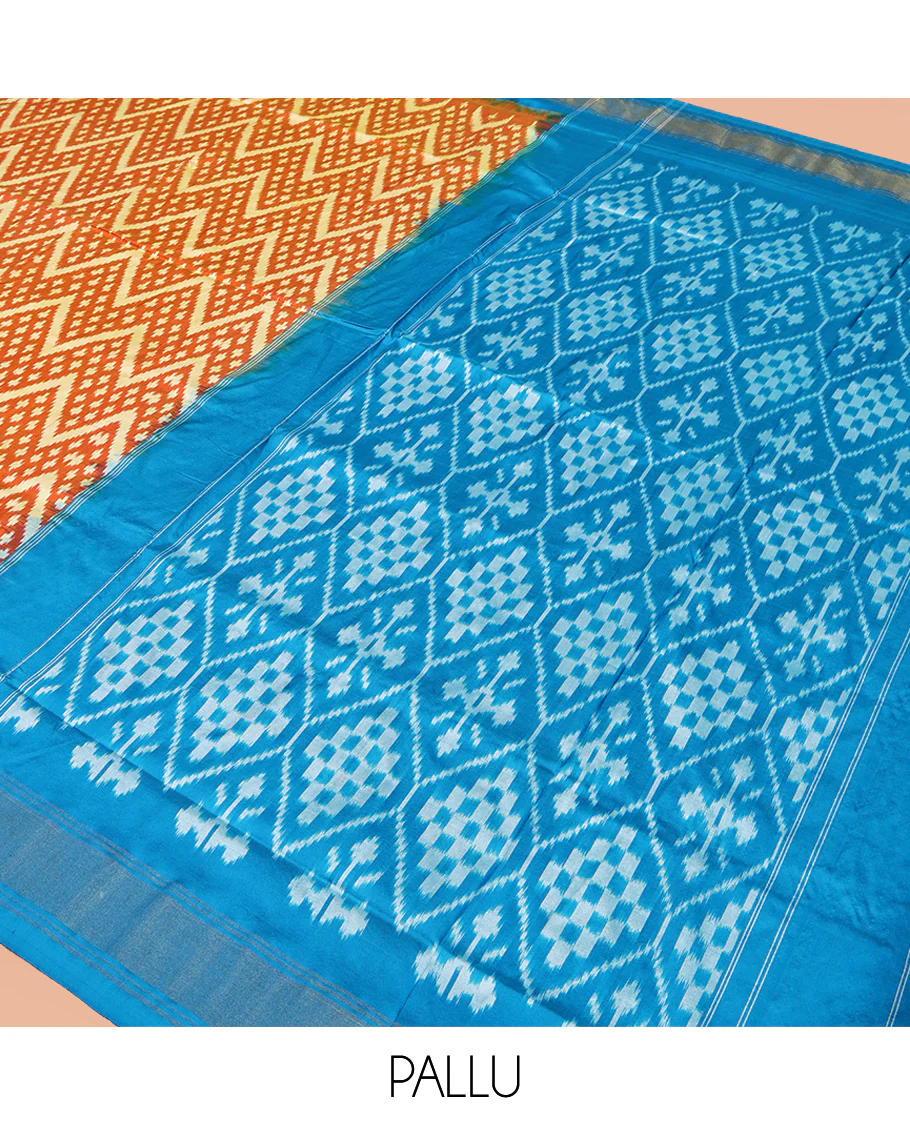 Orange Pochampally Ikat Silk Saree, Ornamented with Buttas and Chevron Design on Its Body, Complemented by a Contrast Border, Pallu of Jaal Designs in Ikkat Weave, and Paired with a Contrast Blouse - Image 5