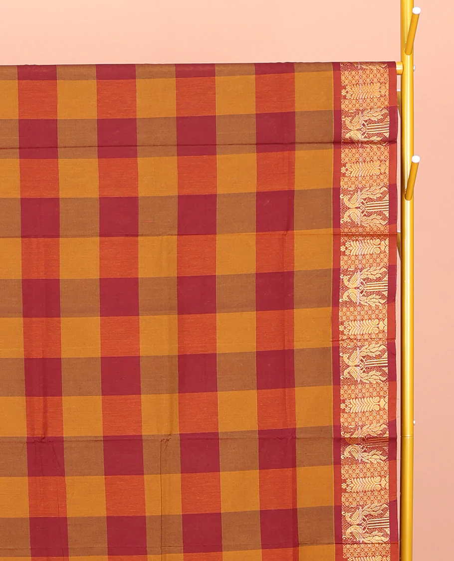 Orange-Red Chettinad Cotton Saree, Accentuated with Macro-Checks, Highlighted by Peacock Motifs Zari Border, Pallu of Stripes, and No Blouse - Image 2