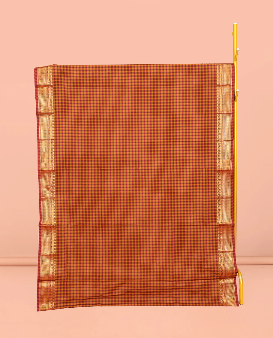 Orange-Red Chettinad Cotton Saree, Gleamed Up with Micro-Checks, Highlighted by Traditional Zari Border, Striped Pallu, and No Blouse