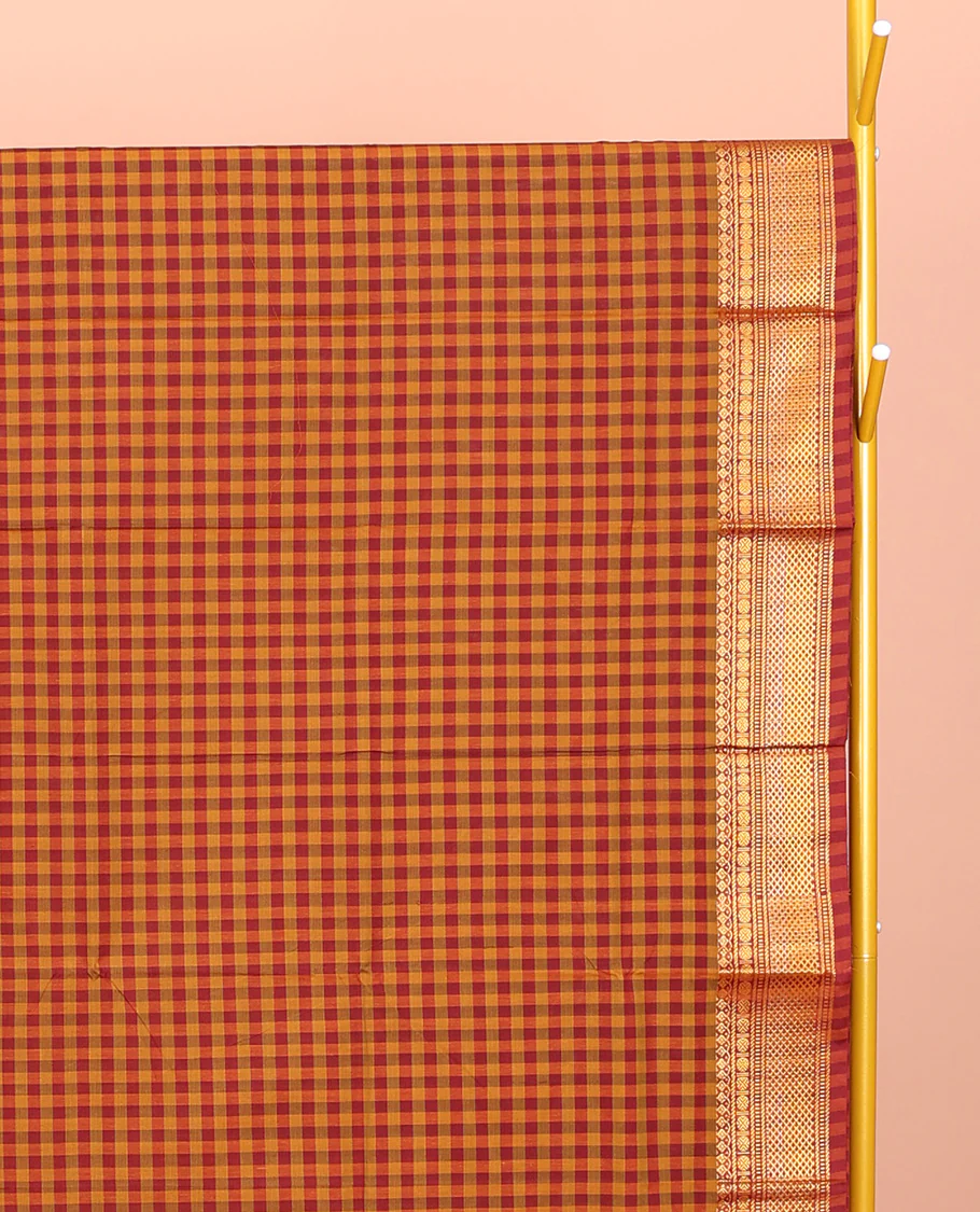 Orange-Red Chettinad Cotton Saree, Gleamed Up with Micro-Checks, Highlighted by Traditional Zari Border, Striped Pallu, and No Blouse - Image 2