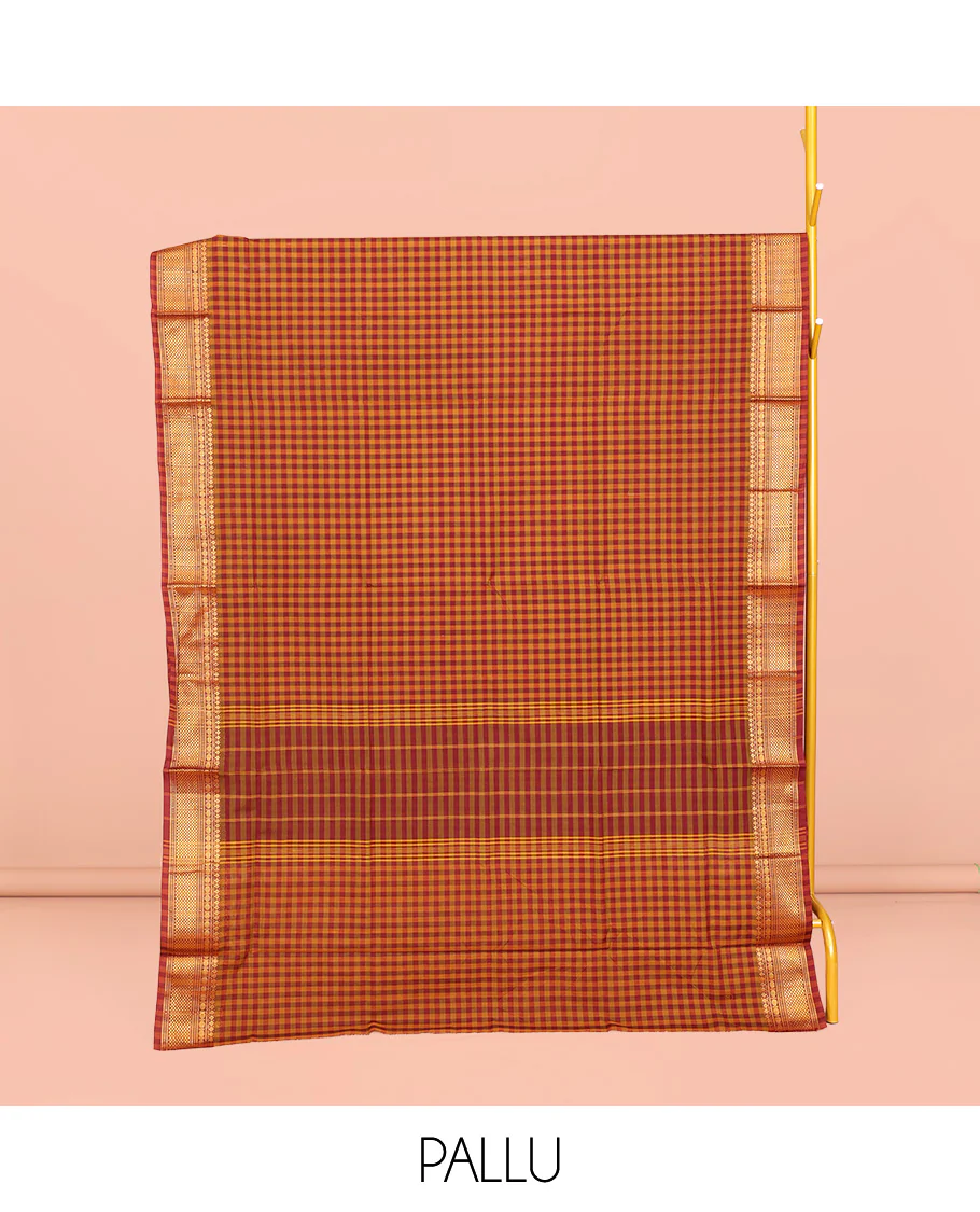 Orange-Red Chettinad Cotton Saree, Gleamed Up with Micro-Checks, Highlighted by Traditional Zari Border, Striped Pallu, and No Blouse - Image 3