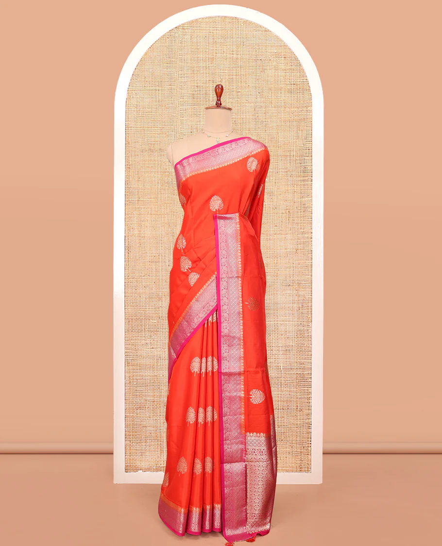 Orange Satin Silk Saree, Embellished with Tree Buttas All Over Its Body, Complemented by a Contrast Traditional Zari Design Border, Intricately Designed Pallu, and Paired with a Contrast Blouse - Image 3