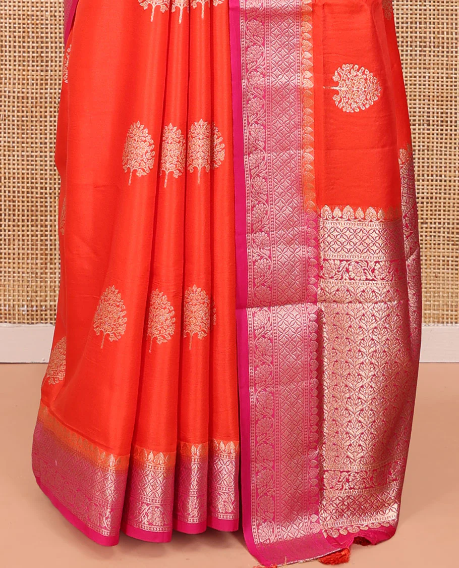 Orange Satin Silk Saree, Embellished with Tree Buttas All Over Its Body, Complemented by a Contrast Traditional Zari Design Border, Intricately Designed Pallu, and Paired with a Contrast Blouse - Image 4