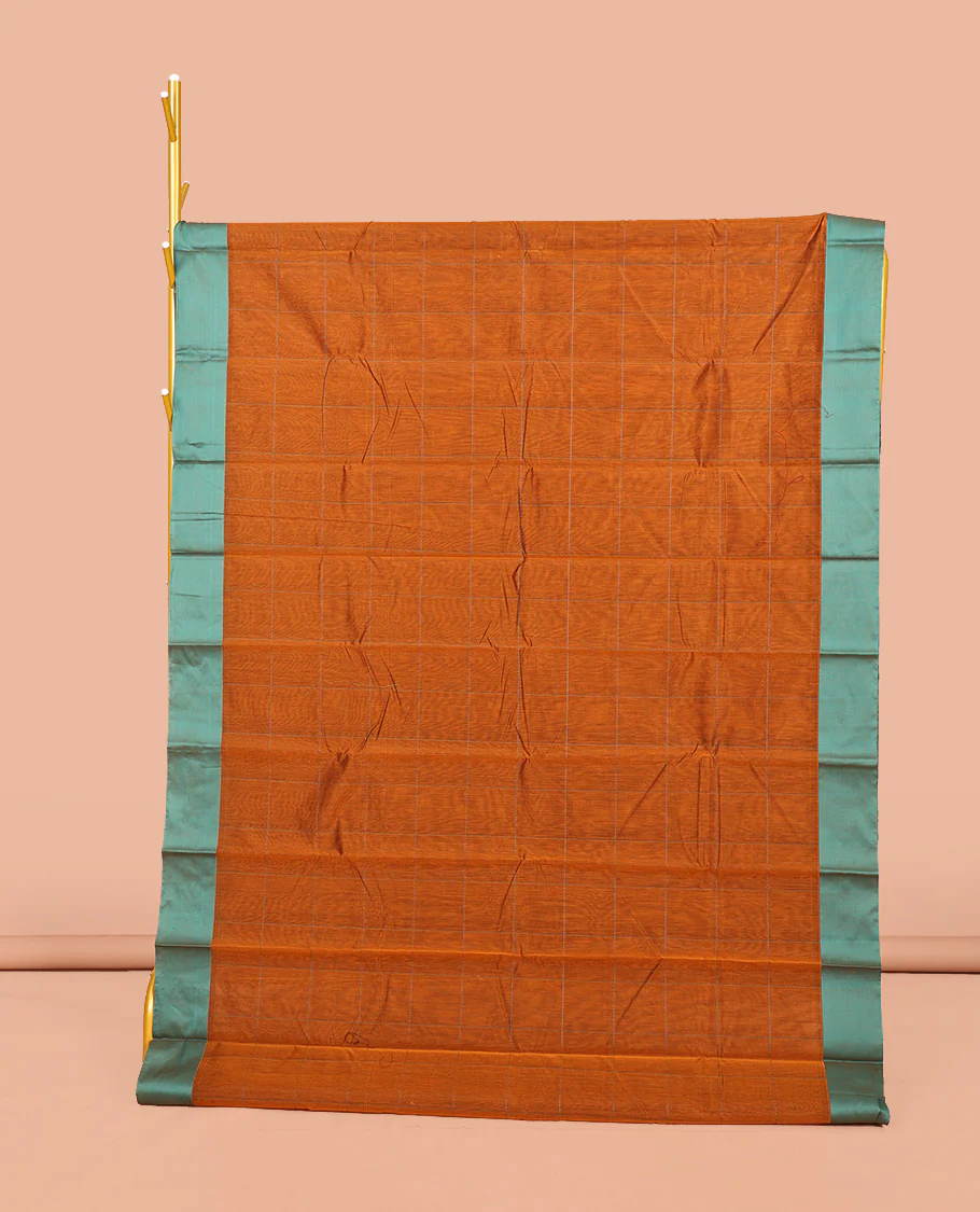Orange Semi-Silk Cotton Saree, Sparsely Sparkled with Checks All Over Its Body, Complemented by a Contrast Border, Contrast Pallu, and Paired with a Contrast Blouse