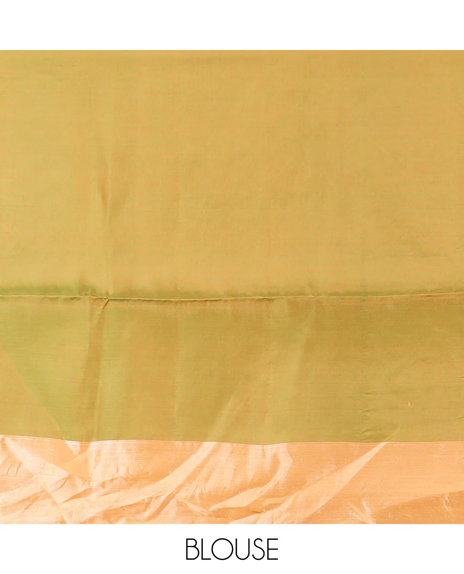 Orange Semi Uppada Saree Bedecked with Zari Buttas, Complemented by a Contrasting Bavanji Border, Pallu Featuring Paisley Butta Enclosed Circles, and Paired with a Contrast Blouse - Image 4