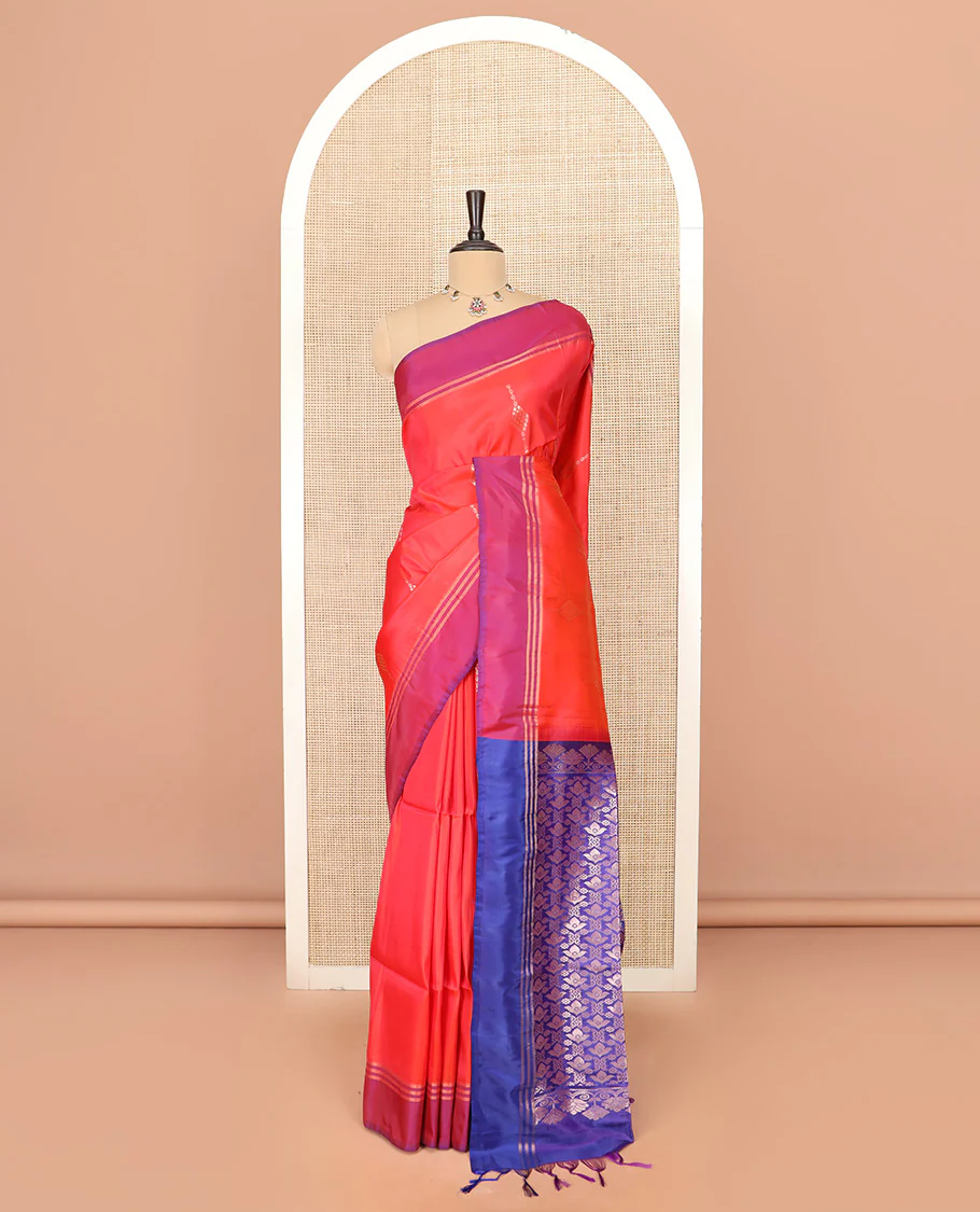 Orange Semi Uppada Saree Embellished with Zari Buttas, Complemented by a Contrast Bavanji Border, Pallu Elevated with Intricate Zari Designs, and Paired with a Contrast Blouse - Image 3