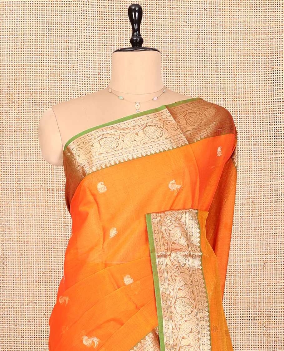 Orange Silk Cotton Saree, Enriched with Zari Buttas, Complemented by a Contrast Traditional Zari Border, Pallu of Intricate Designs, and a Matching Blouse - Image 2