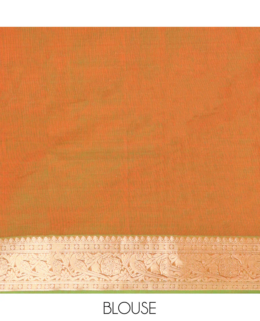 Orange Silk Cotton Saree, Enriched with Zari Buttas, Complemented by a Contrast Traditional Zari Border, Pallu of Intricate Designs, and a Matching Blouse - Image 5