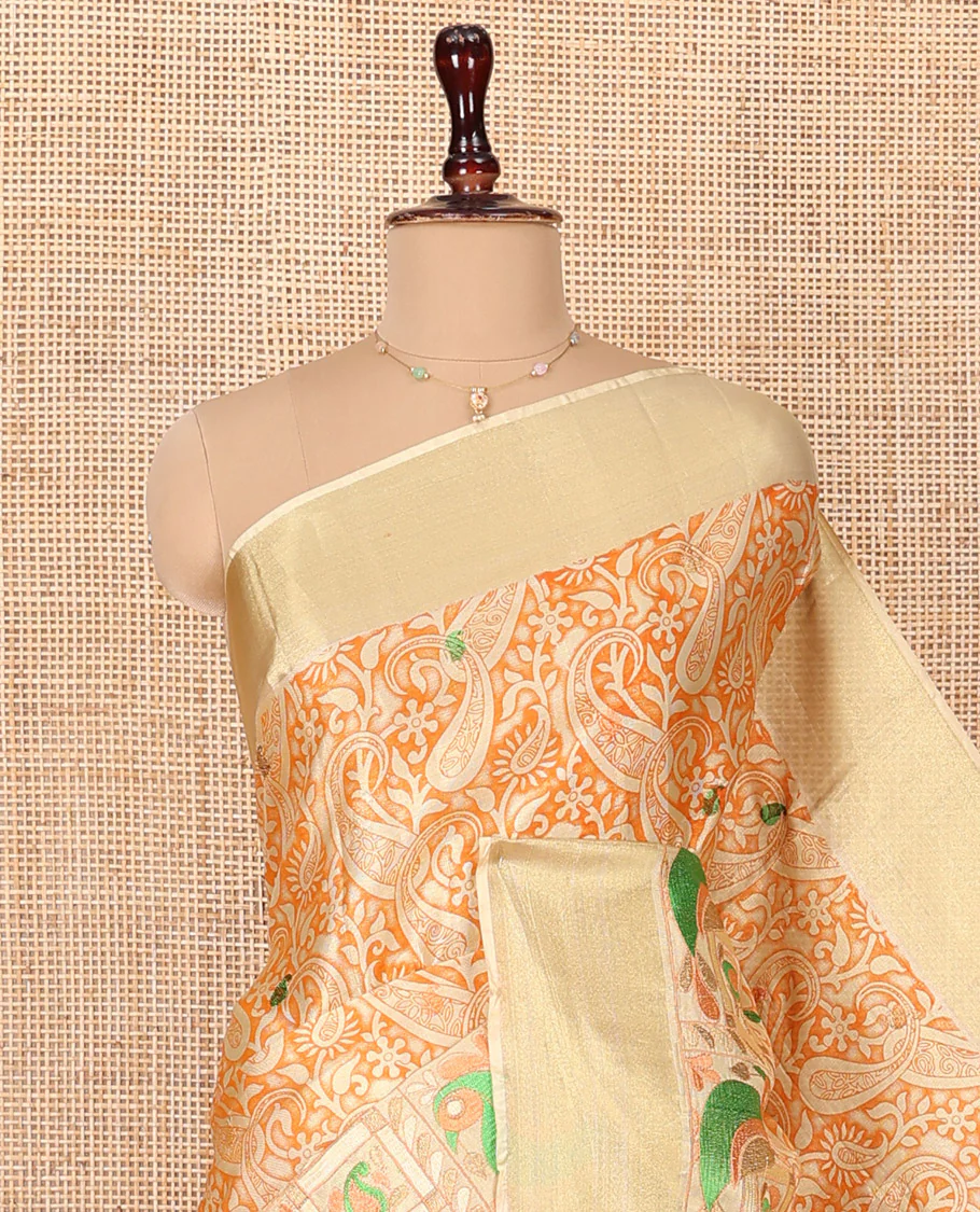 Orange Tissue Cotton Saree, Highlighted by Paisley Print and Paisley-Bird Motifs Embroidery on Its Body, Subtle Bavanji Border, Pallu Mirrors the Same Print, and Paired with a Matching Blouse - Image 2
