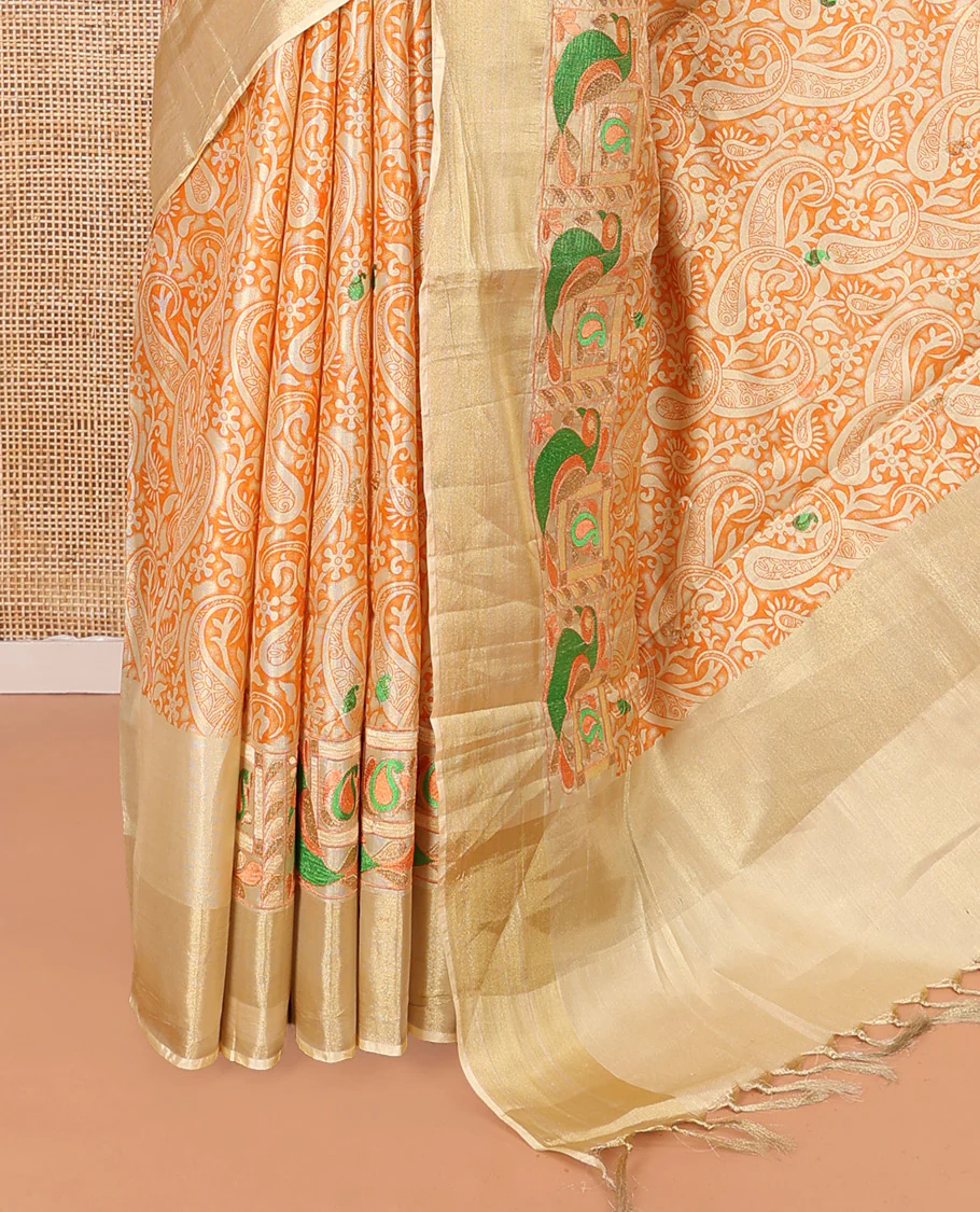 Orange Tissue Cotton Saree, Highlighted by Paisley Print and Paisley-Bird Motifs Embroidery on Its Body, Subtle Bavanji Border, Pallu Mirrors the Same Print, and Paired with a Matching Blouse - Image 3