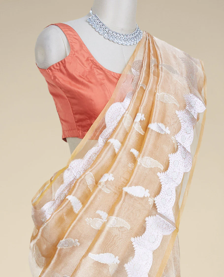 Orange tissue silk saree with paisley buttas, traditional zari border & intricate pallu