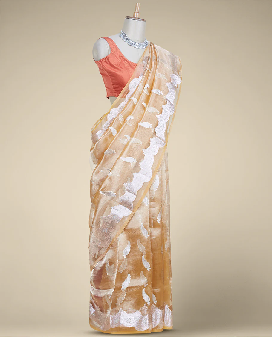 Orange tissue silk saree with paisley buttas, traditional zari border & intricate pallu - Image 2
