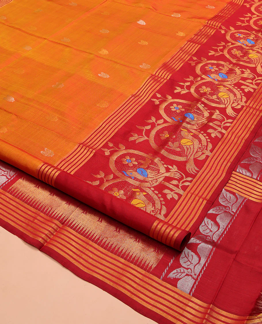 Orange Uppada Silk Saree, Decked Up with Zari Buttas on Its Body, Complemented by a Contrast Border Featuring Floral and Meenakari Bird Designs, Pallu Steeped with Flower Designs, and Paired with a Contrast Blouse - Image 2