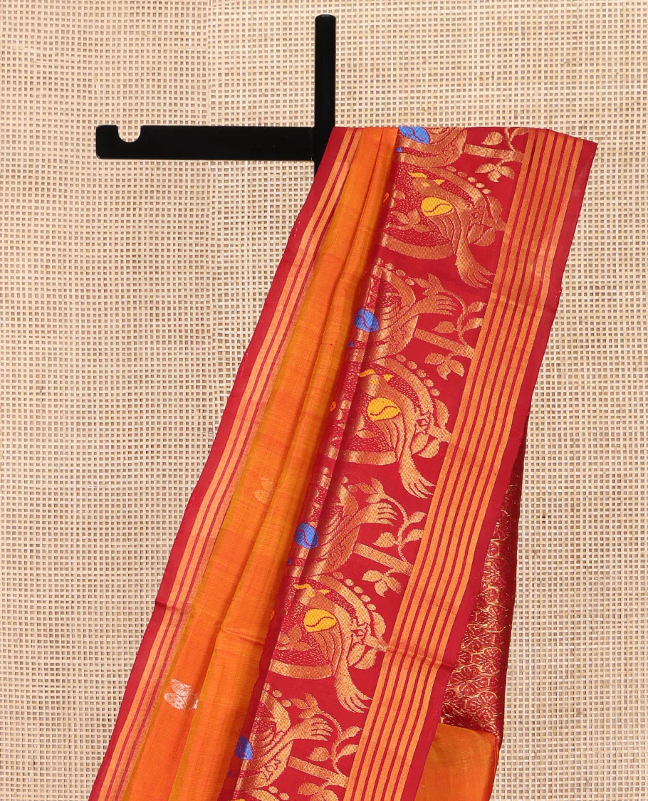 Orange Uppada Silk Saree, Decked Up with Zari Buttas on Its Body, Complemented by a Contrast Border Featuring Floral and Meenakari Bird Designs, Pallu Steeped with Flower Designs, and Paired with a Contrast Blouse - Image 3