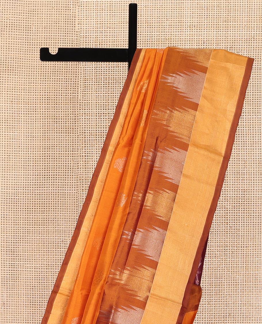 Orange Uppada Silk Saree, Sparsely Woven with Buttas All Over Its Body, Complemented by a Contrast Temple Border, Pallu Pictures Leaf Designs, and Paired with a Contrast Blouse - Image 3