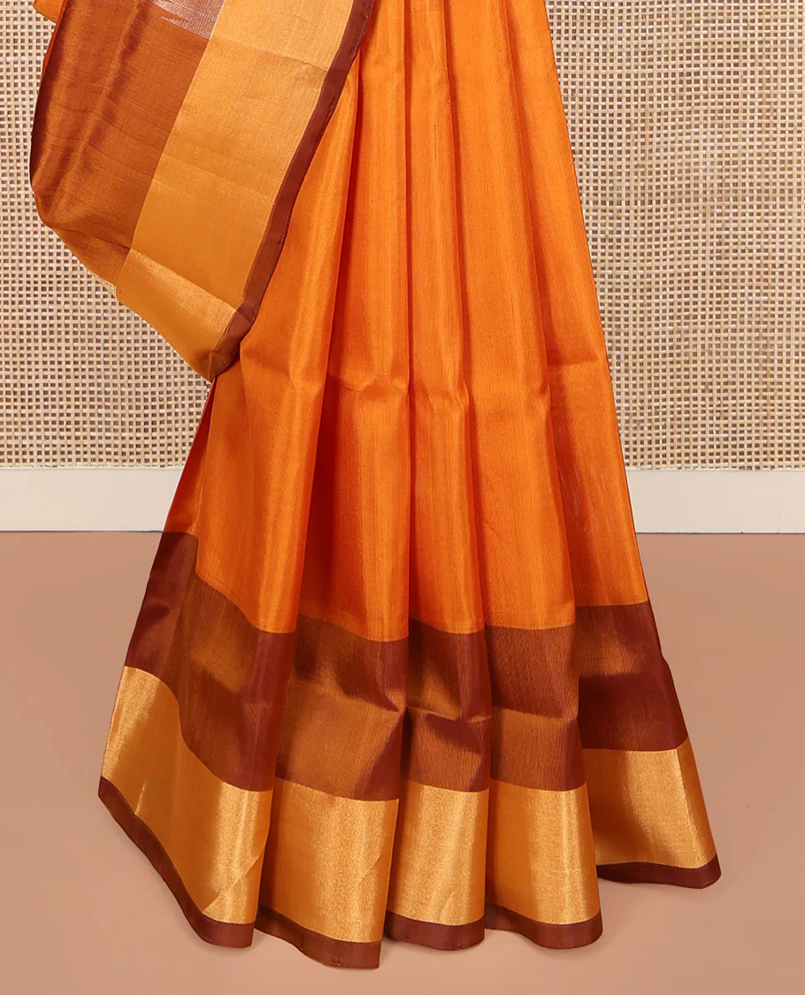 Orange Uppada Silk Saree, Sparsely Woven with Buttas All Over Its Body, Complemented by a Contrast Temple Border, Pallu Pictures Leaf Designs, and Paired with a Contrast Blouse - Image 4