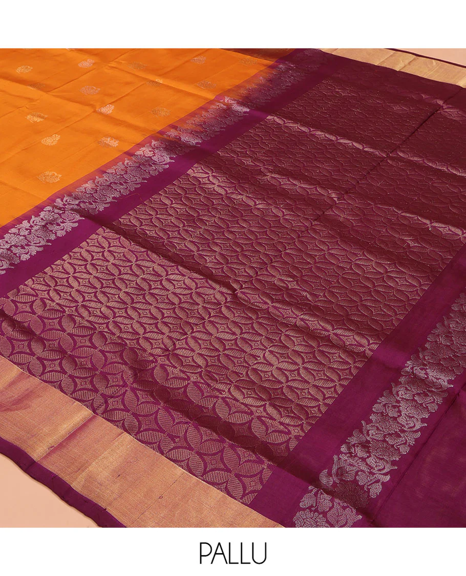 Orange Uppada Silk Saree, Sparsely Woven with Buttas All Over Its Body, Complemented by a Contrast Temple Border, Pallu Pictures Leaf Designs, and Paired with a Contrast Blouse - Image 5