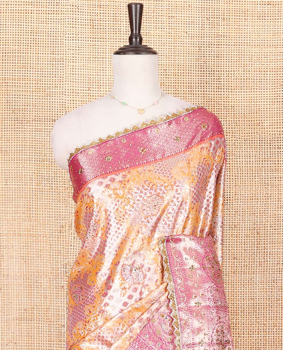 Orange Vastrakala Silk Saree, Gracefully Adorned with Floral Jacquard and Stone Work, Complemented by Contrast Zari and Stone-Embroidered Scallop Border, Grandly Zari and Stone Decked Up Pallu, and Paired with Contrast Embroidered Blouse - Image 2