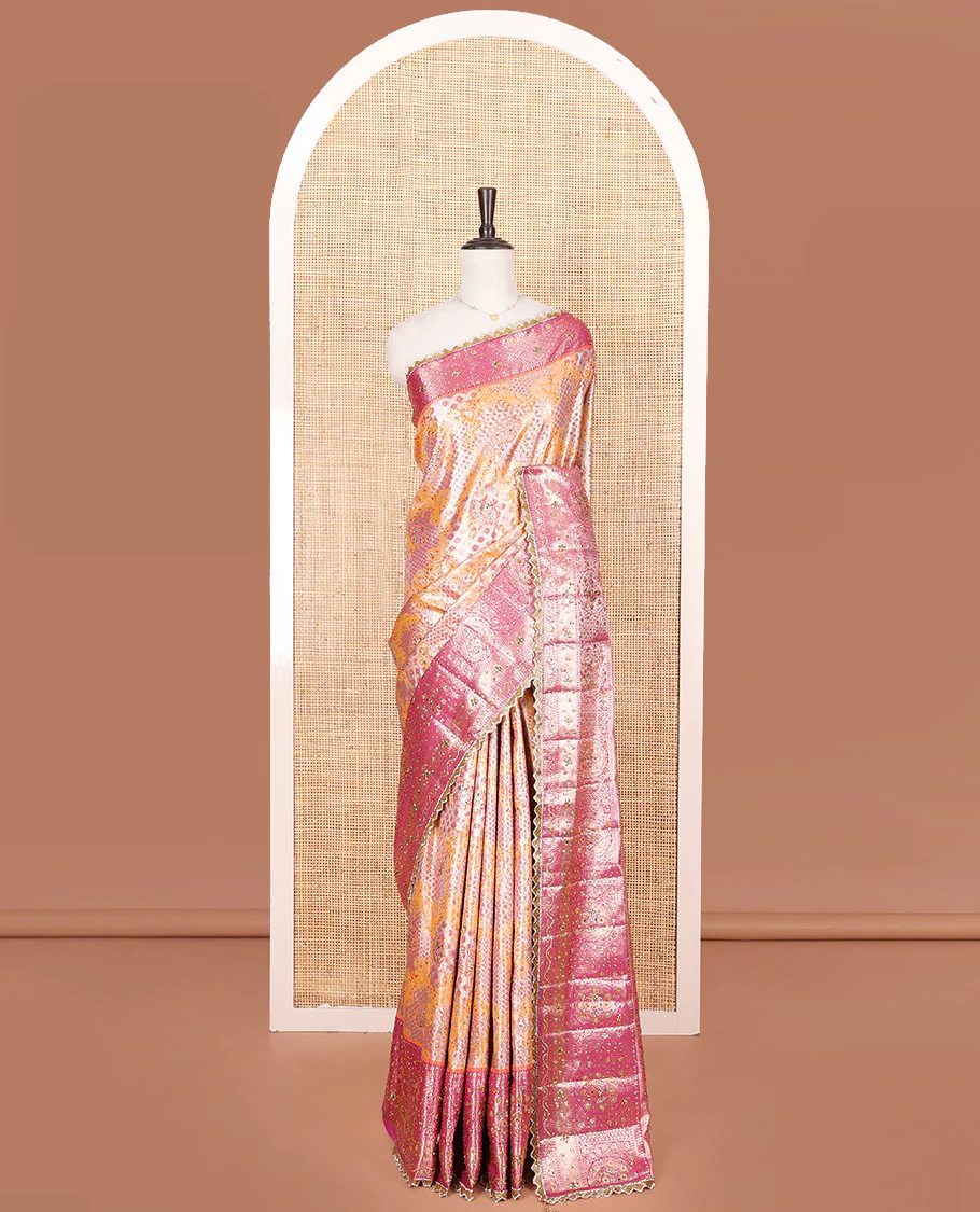 Orange Vastrakala Silk Saree, Gracefully Adorned with Floral Jacquard and Stone Work, Complemented by Contrast Zari and Stone-Embroidered Scallop Border, Grandly Zari and Stone Decked Up Pallu, and Paired with Contrast Embroidered Blouse - Image 3