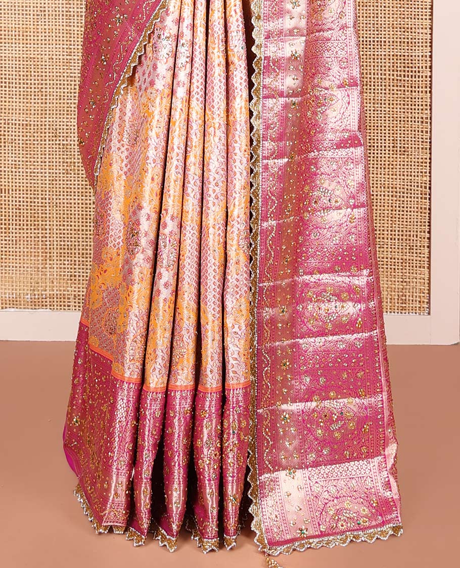Orange Vastrakala Silk Saree, Gracefully Adorned with Floral Jacquard and Stone Work, Complemented by Contrast Zari and Stone-Embroidered Scallop Border, Grandly Zari and Stone Decked Up Pallu, and Paired with Contrast Embroidered Blouse - Image 4