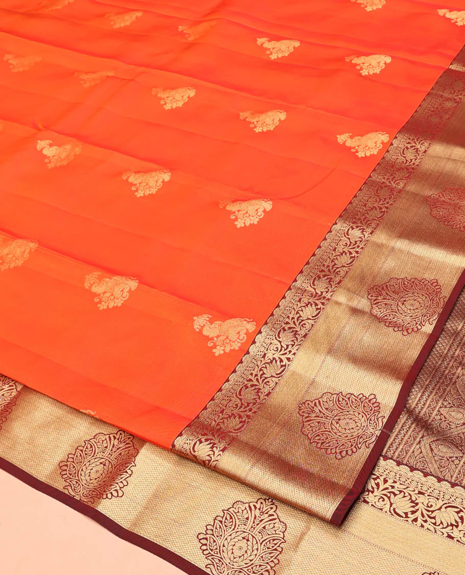 Orange Vasundhara Lite Silk Mix Saree, Accentuated With Zari Buttas All Over Its Body, Complemented by Captivating Contrast Border of Traditional Zari Designs, Grand Pallu of Jaal Designs and Paired with a Contrast Blouse - Image 2