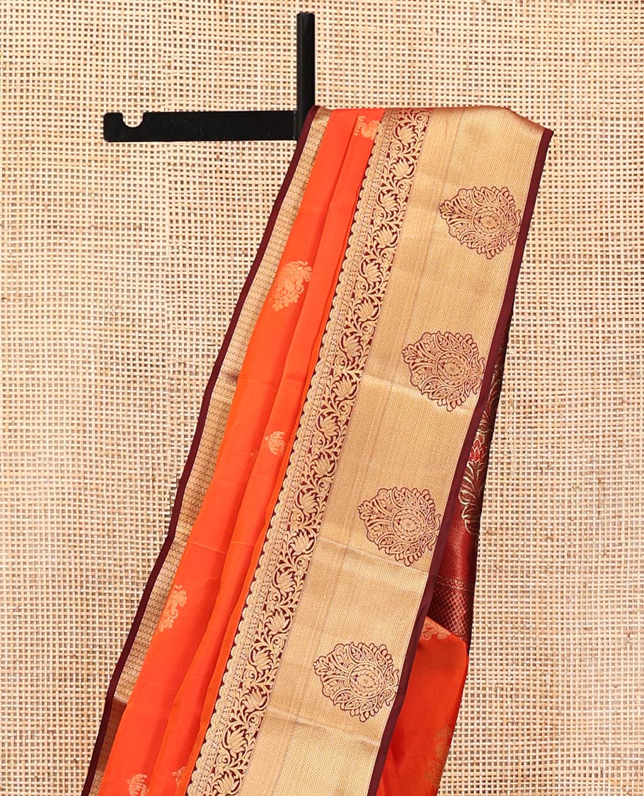 Orange Vasundhara Lite Silk Mix Saree, Accentuated With Zari Buttas All Over Its Body, Complemented by Captivating Contrast Border of Traditional Zari Designs, Grand Pallu of Jaal Designs and Paired with a Contrast Blouse - Image 3