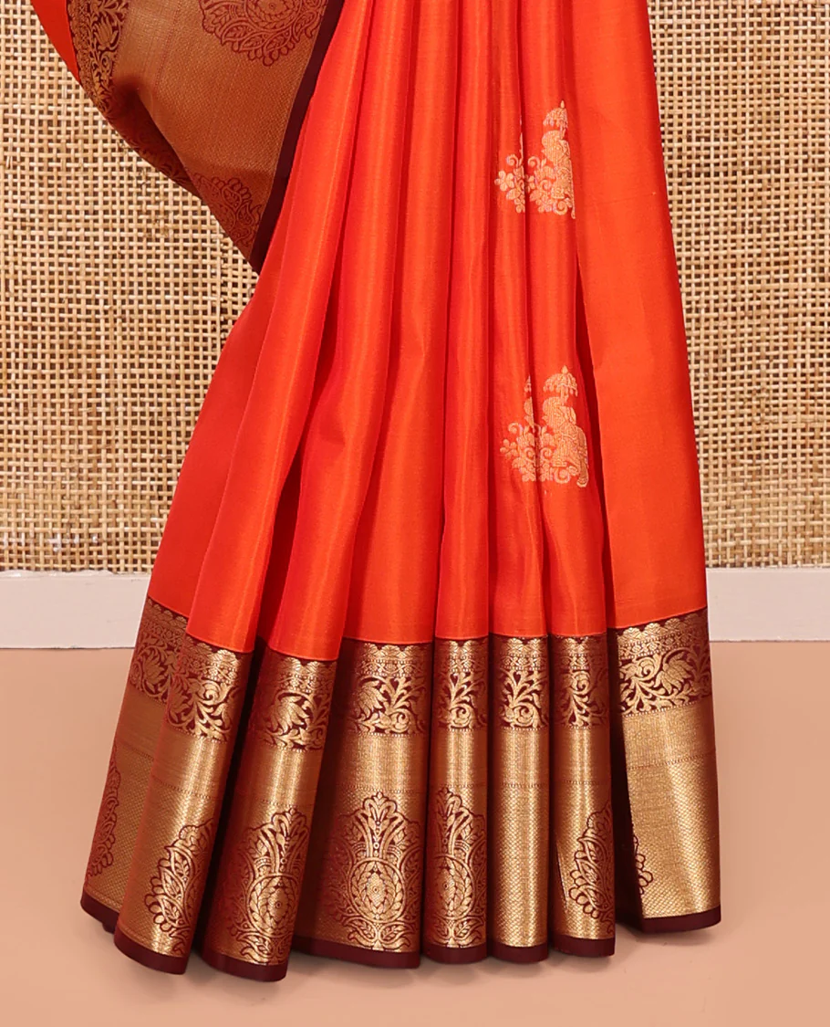 Orange Vasundhara Lite Silk Mix Saree, Accentuated With Zari Buttas All Over Its Body, Complemented by Captivating Contrast Border of Traditional Zari Designs, Grand Pallu of Jaal Designs and Paired with a Contrast Blouse - Image 4