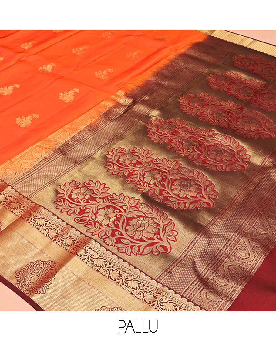 Orange Vasundhara Lite Silk Mix Saree, Accentuated With Zari Buttas All Over Its Body, Complemented by Captivating Contrast Border of Traditional Zari Designs, Grand Pallu of Jaal Designs and Paired with a Contrast Blouse - Image 5