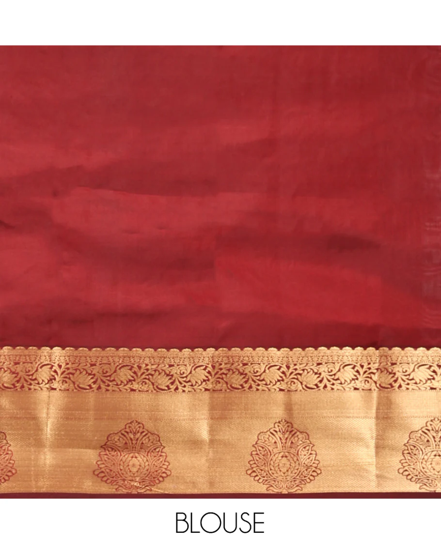 Orange Vasundhara Lite Silk Mix Saree, Accentuated With Zari Buttas All Over Its Body, Complemented by Captivating Contrast Border of Traditional Zari Designs, Grand Pallu of Jaal Designs and Paired with a Contrast Blouse - Image 6