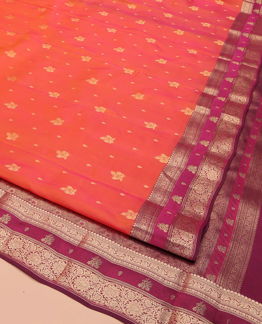 Orange Vasundhara Lite Silk Mix Saree, Accentuated with Zari Buttas, Complemented by a Contrast Border of Thilakam Mokku, and Kodi Visiry Designs, Pallu of Floral Jaal Designs, and Paired with a Contrast Blouse - Image 2
