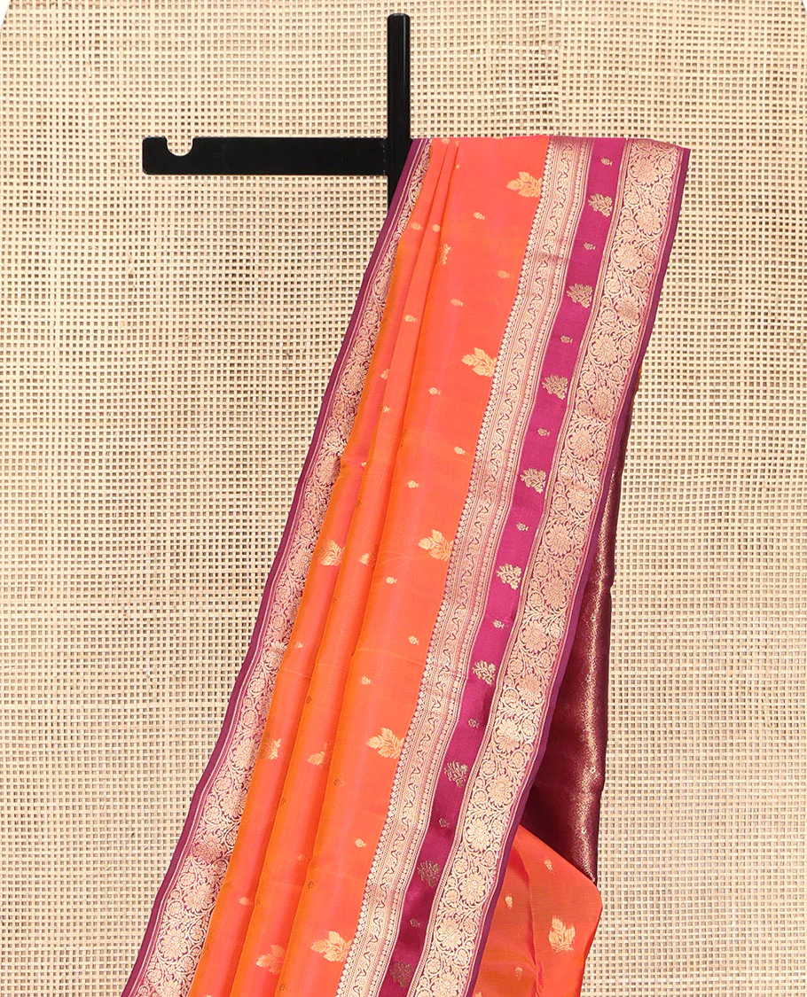 Orange Vasundhara Lite Silk Mix Saree, Accentuated with Zari Buttas, Complemented by a Contrast Border of Thilakam Mokku, and Kodi Visiry Designs, Pallu of Floral Jaal Designs, and Paired with a Contrast Blouse - Image 3
