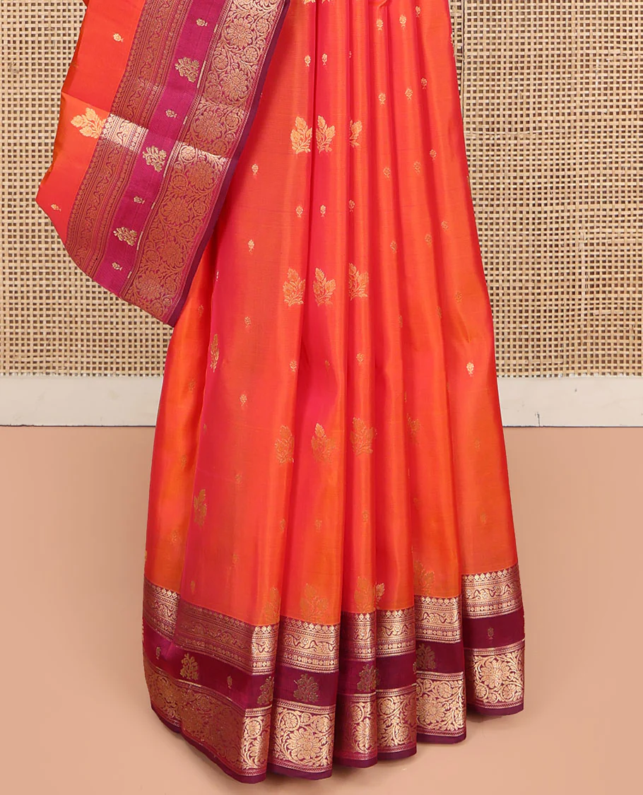 Orange Vasundhara Lite Silk Mix Saree, Accentuated with Zari Buttas, Complemented by a Contrast Border of Thilakam Mokku, and Kodi Visiry Designs, Pallu of Floral Jaal Designs, and Paired with a Contrast Blouse - Image 4