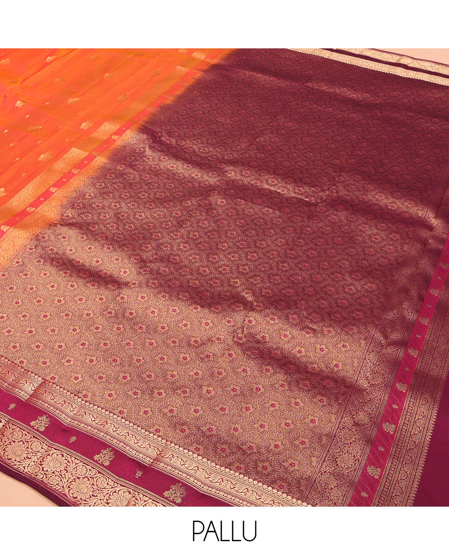 Orange Vasundhara Lite Silk Mix Saree, Accentuated with Zari Buttas, Complemented by a Contrast Border of Thilakam Mokku, and Kodi Visiry Designs, Pallu of Floral Jaal Designs, and Paired with a Contrast Blouse - Image 5