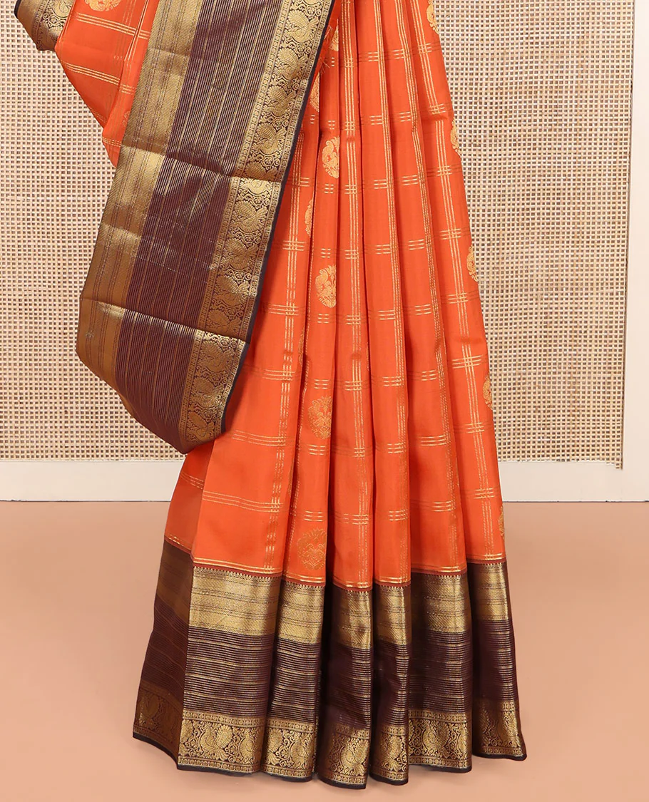 Orange Vasundhara Lite Silk Mix Saree, Adorned with Zari Butta Enclosed in Checks on Its Body, Complemented by a Contrast Border of Traditional Designs, a Grand Intricately Checked Pallu, and Paired with a Contrast Blouse - Image 4
