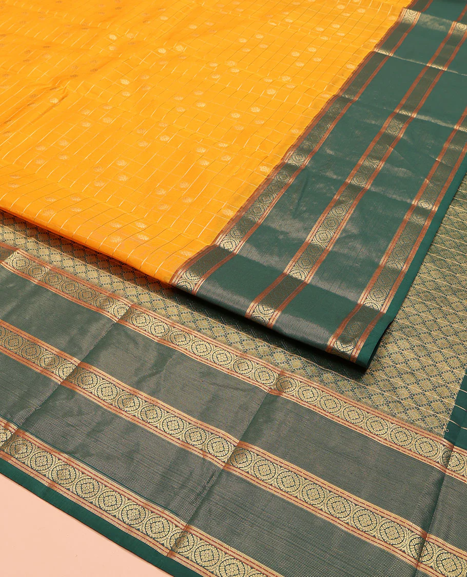 Orange Vasundhara Lite Silk Mix Saree, Artfully Detailed with Zari Buttas Enclosed Checks on Its Body, Complemented by a Contrast Border of Poo Chakram Designs, Intricately Designed Jaal Pallu, and Paired with a Contrast Blouse - Image 2