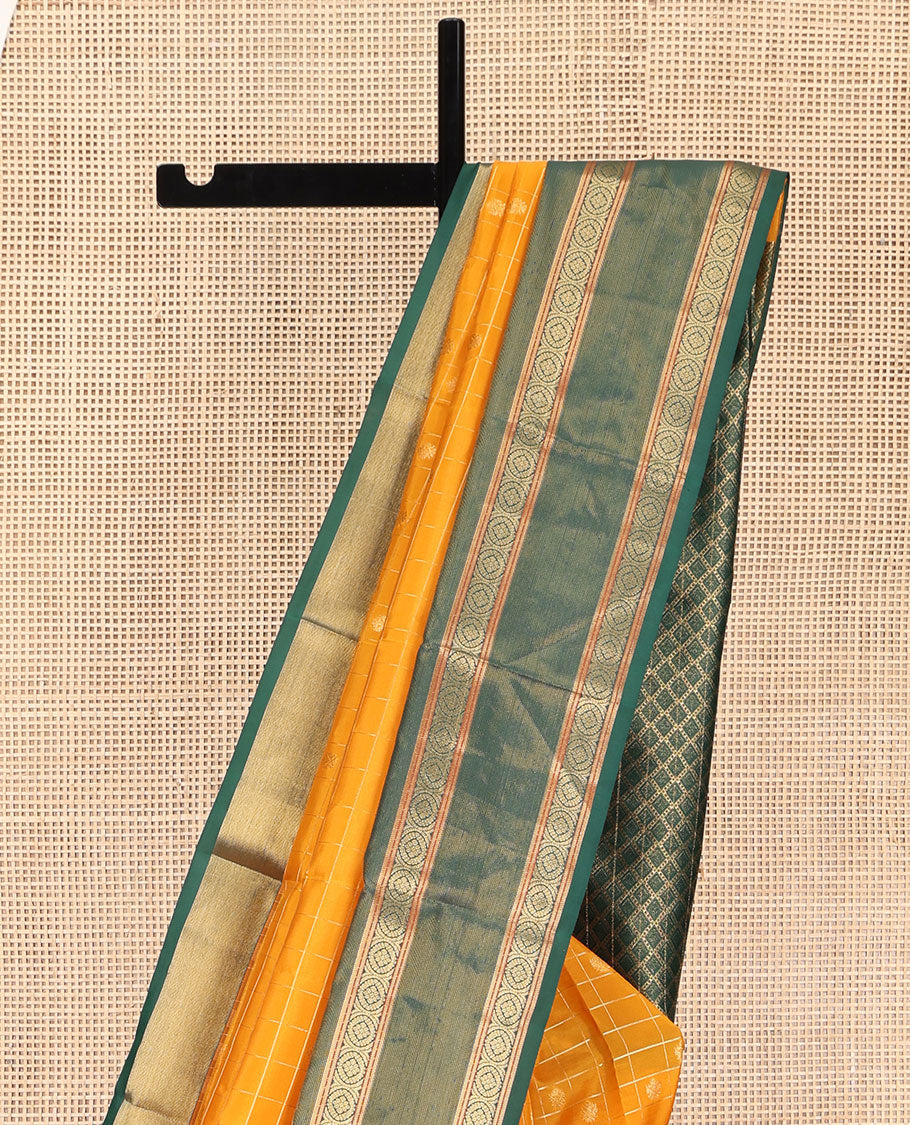 Orange Vasundhara Lite Silk Mix Saree, Artfully Detailed with Zari Buttas Enclosed Checks on Its Body, Complemented by a Contrast Border of Poo Chakram Designs, Intricately Designed Jaal Pallu, and Paired with a Contrast Blouse - Image 3
